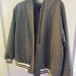 Gray Varsity Jacket with Striped Cuffs